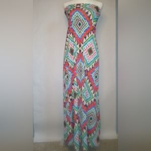 Bright patterned strapless maxi festival or resort dress, MOA MOA, Size Medium,